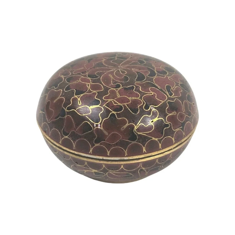 Vintage Asian Cloisonné Enamel Brass Round Lidded Trinket Box Blue Interior 2